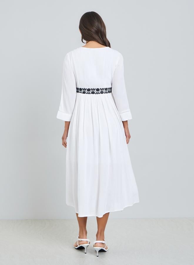 Styli Women White Embroidery Lace A-Line Midi Dress - Image 4